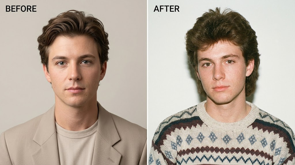 Before and after comparison of a modern portrait transformed into an 80s photo